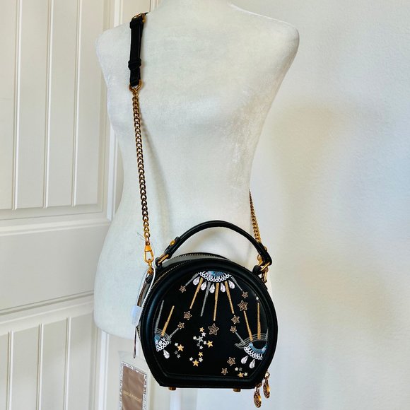 NWT Smile Focus Celestial Eye Embroidered Black Leather Crossbody Luxury Handbag - Picture 9 of 16